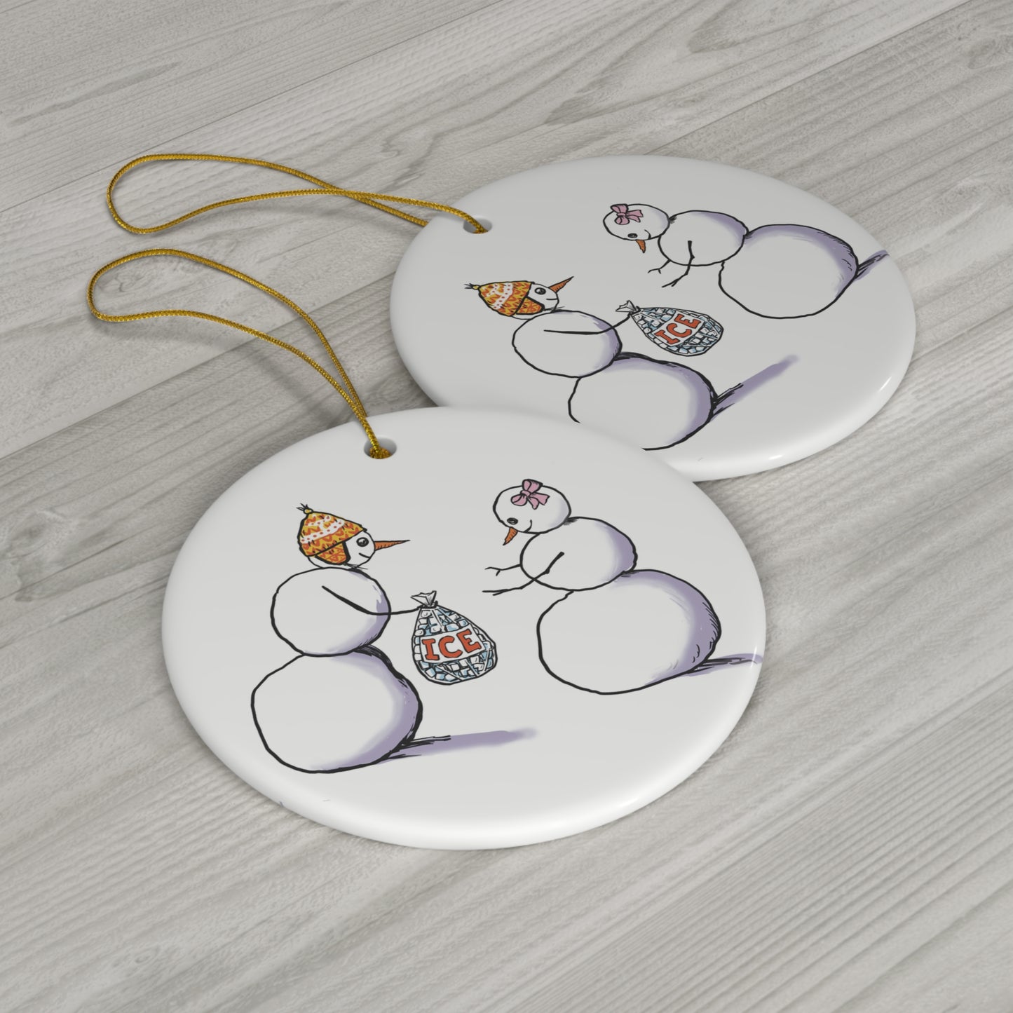 Six Chix "Icy Gift" Ceramic Ornament by Isabella Bannerman- Winter Decor, Holiday Decoration, 1-Pack