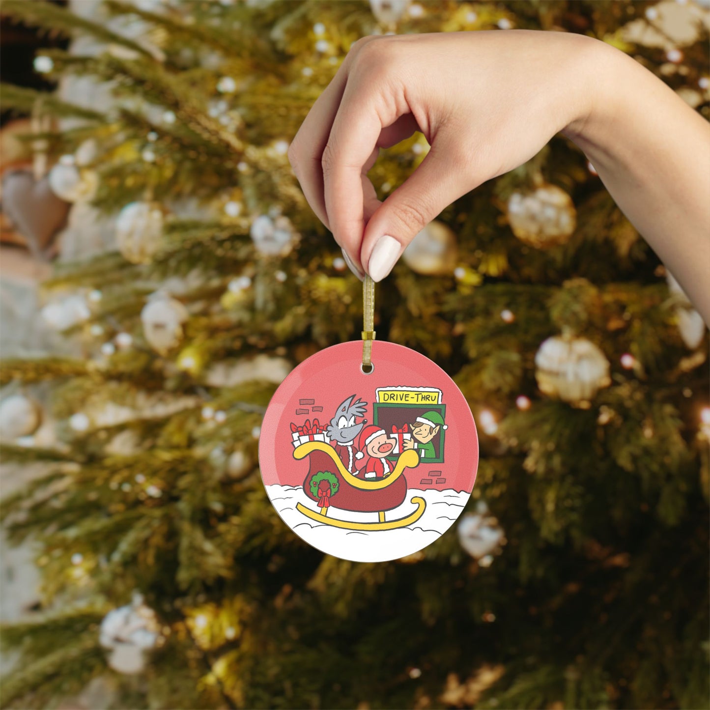 Suburban Fairytales- "Sleigh-Thru Surprise" Glass Ornament