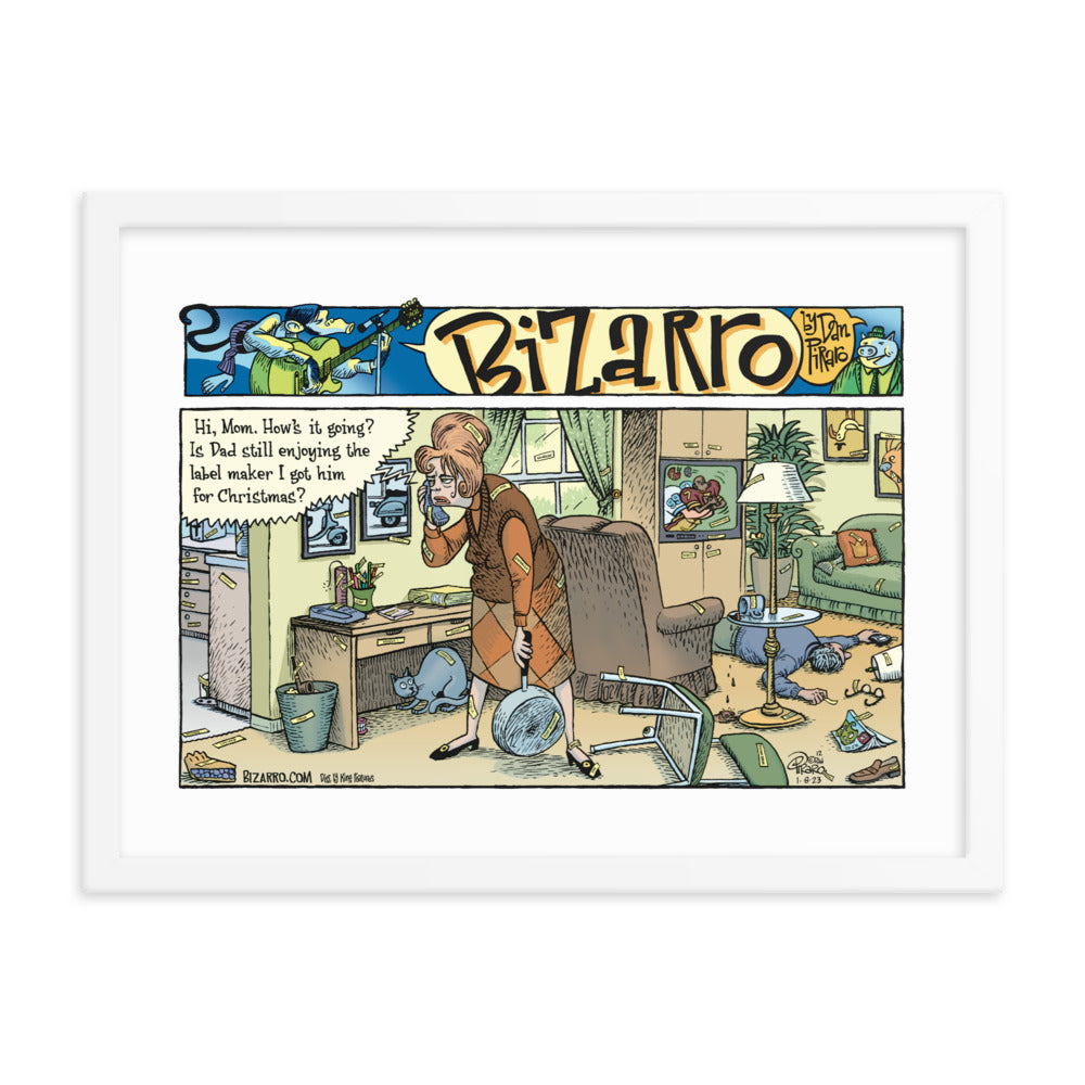 Bizarro “The Label Maker” Framed Print