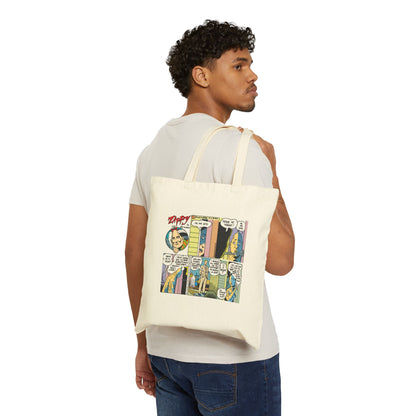 Man carrying a tote bag with comic book design on a white background