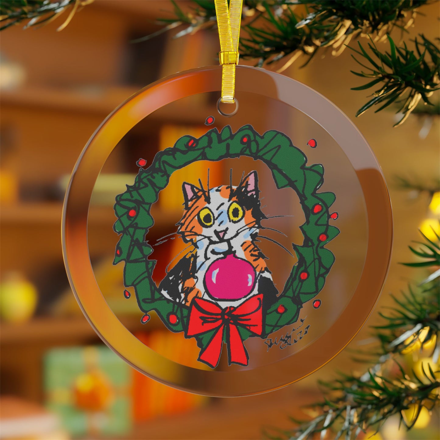 Six Chix- "A Kitty Christmas" Glass Ornament by Stephanie Piro