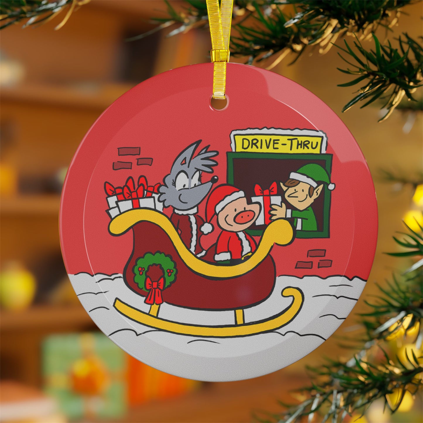 Suburban Fairytales- "Sleigh-Thru Surprise" Glass Ornament