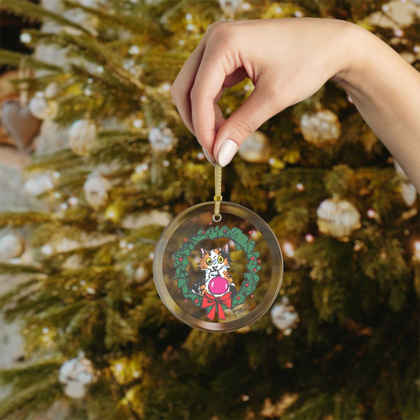 Six Chix- "A Kitty Christmas" Glass Ornament by Stephanie Piro