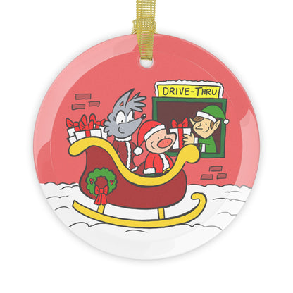 Suburban Fairytales- "Sleigh-Thru Surprise" Glass Ornament