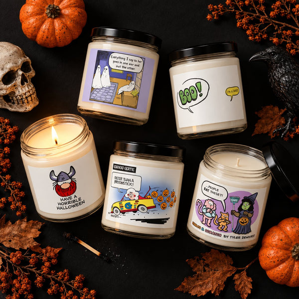 Five Halloween soy candles featuring Six Chix, Hagar the Horrible, Gearhead Gertie and Nibbles & Scratch.