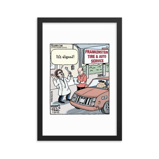 Bizarro “Frankenstein Tire & Auto” Framed Print