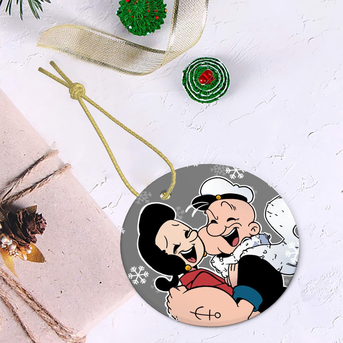 Snowflake Sweethearts- Olive and Popeye Ceramic Ornament