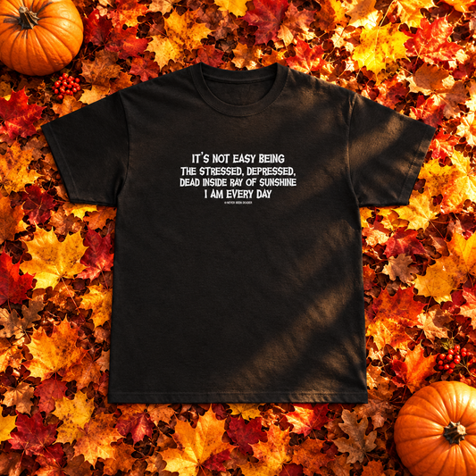 Never Been Deader "Ray of Sunshine" black tee laid flat on bright autumn leaves in afternoon sun, with pumpkins.