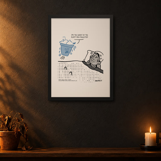 Six Chix Ghost Plant framed print by Bianca Xunise on a dark wall above a wilted houseplant and candle.